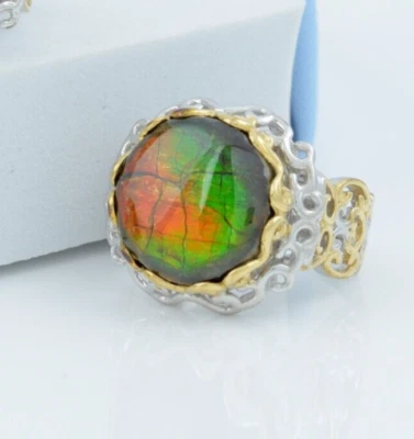 Anillo de cóctel de piedras preciosas de ammolita redondo natural plata de ley 925 joyería para mujer Foto 1 de 4