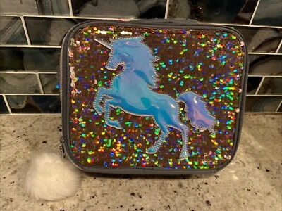 Justice пастельный единорог обед сумка с короткими ручками Flip блестки сумка с Pom Pom переливающийся - Изображение 1 из 3