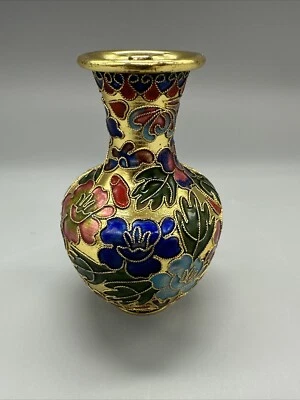 Jarrón Cloisonne colorido diseño floral esmalte dorado 4 pulgadas Foto 1 de 4