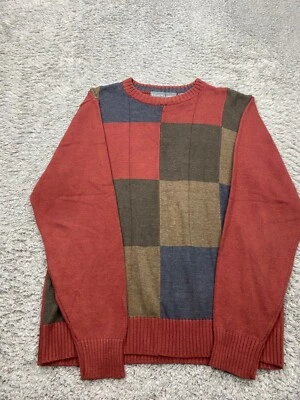 Oscar De La Renta Sweater Men Large Orange Acrylic Ribbed Check Square Crewneck - Image 1 of 4