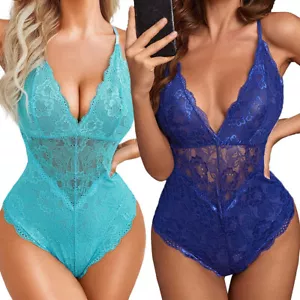 Women's Snap Crotch Lingerie Lace Bodysuit Eyelash Naugthy Teddy Soft Sleepwear - Picture 1 of 38