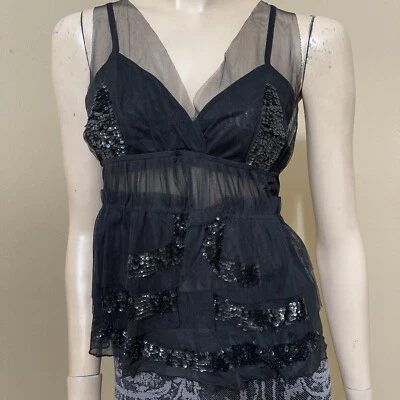 Blusa Top Mujer Negra Poliéster Cóctel Capas Encaje Cuentas Plisada Talla M Foto 1 de 4