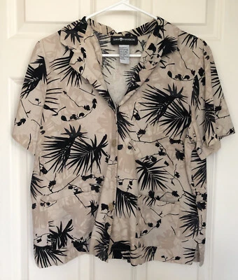 Top hawaiano vintage Sag Harbor 100 % seda beige negro floral abotonado mediano Foto 1 de 4