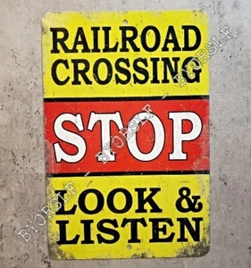 Metal Sign RAILROAD crossing stop signal railway train station look & listen RR - Picture 1 of 3