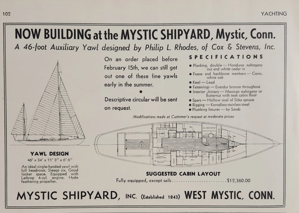 Anuncio impreso 1937 Philip L. Rhodes 46' Auxiliary Yawl Mystic Shipyard Mystic, CT Foto 1 de 1