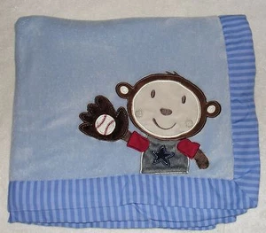 Summer Team Monkey Blue Baby Blanket Baseball Stripe Trim - Picture 1 of 4