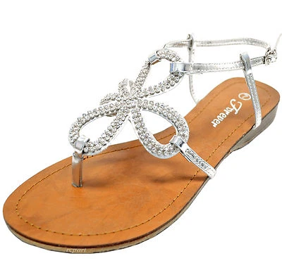 Nuevo Mujer Zapatos Sandalias T Correa Estrás Detalles Casual Fiesta Verano Plata Foto 1 de 4