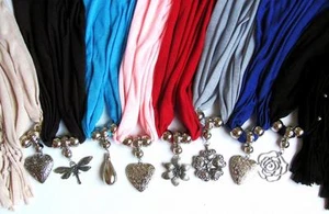 Jewelry Scarf Silver Pendant Beaded Fringe - Picture 1 of 19