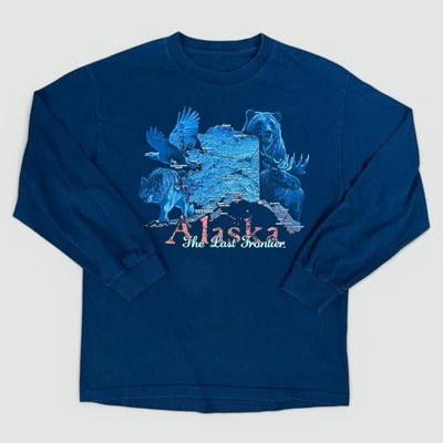 Винтажная футболка 90-х Alaska Nature с длинным рукавом - большой волк медведь орел лось AOP - Изображение 1 из 3