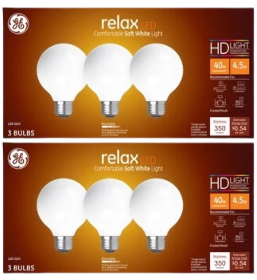 (2 Pack) GE 3-Pcs 4.5W 40W Relax LED HD G25 Globe Frosted Light Bulbs New OB - Image 1 of 3