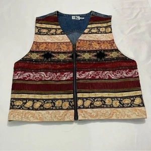 Vintage 90s Calvin Klein Paisley Patchwork Mix Printed Denim Vest Size M Rare - Picture 1 of 8