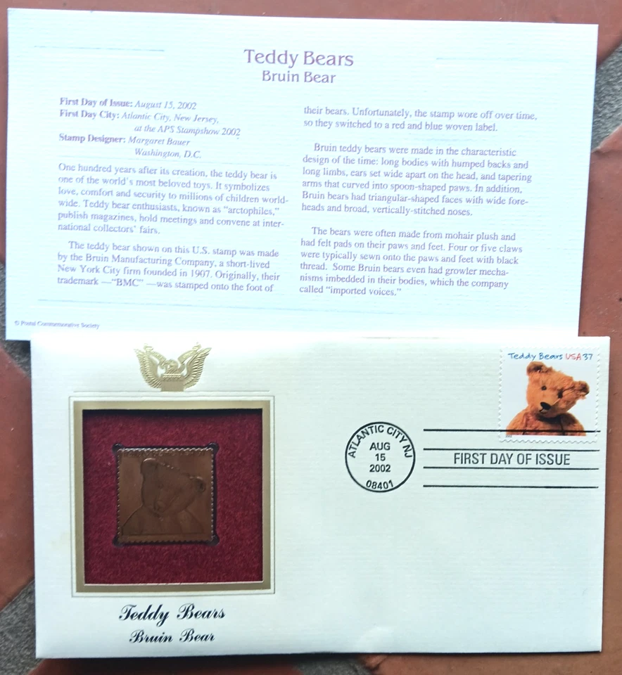TEDDY BEARS BRUIN BEAR 2002 22KT GOLD CACHET FDC + INFO CARD UNADDR - Image 1 of 1