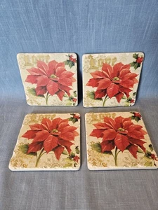 Set Of 4 Lisa Audit Poinsettia Flower Christmas Themed Cork Backed Coasters - Picture 1 of 9