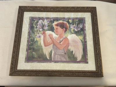 Home Interiors Girl Angel W/Butterfly- Boy Angel w/Humming Bird Matted Framed - Image 1 of 4
