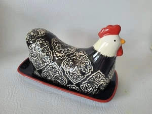 Cracker Barrel Rooster Chicken Butter Dish Susan Winget Stomeware NOS Red Black - Picture 1 of 4
