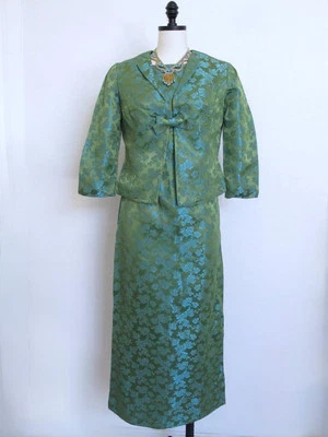 Vestido de Noche Vintage Años 60 2 Piezas XS Vaina Maxi y Chaqueta Aguacate Verde Aqua Tafetán Foto 1 de 4
