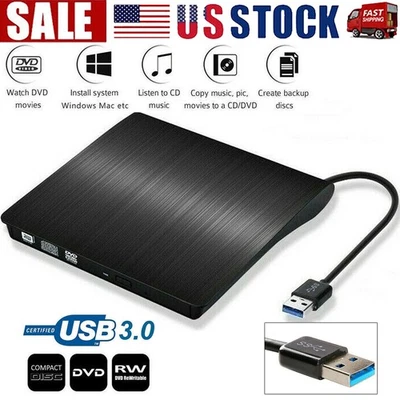Slim External CD DVD RW Drive USB 3.0 Writer Burner Player Black For Laptop PC - Image 1 of 4