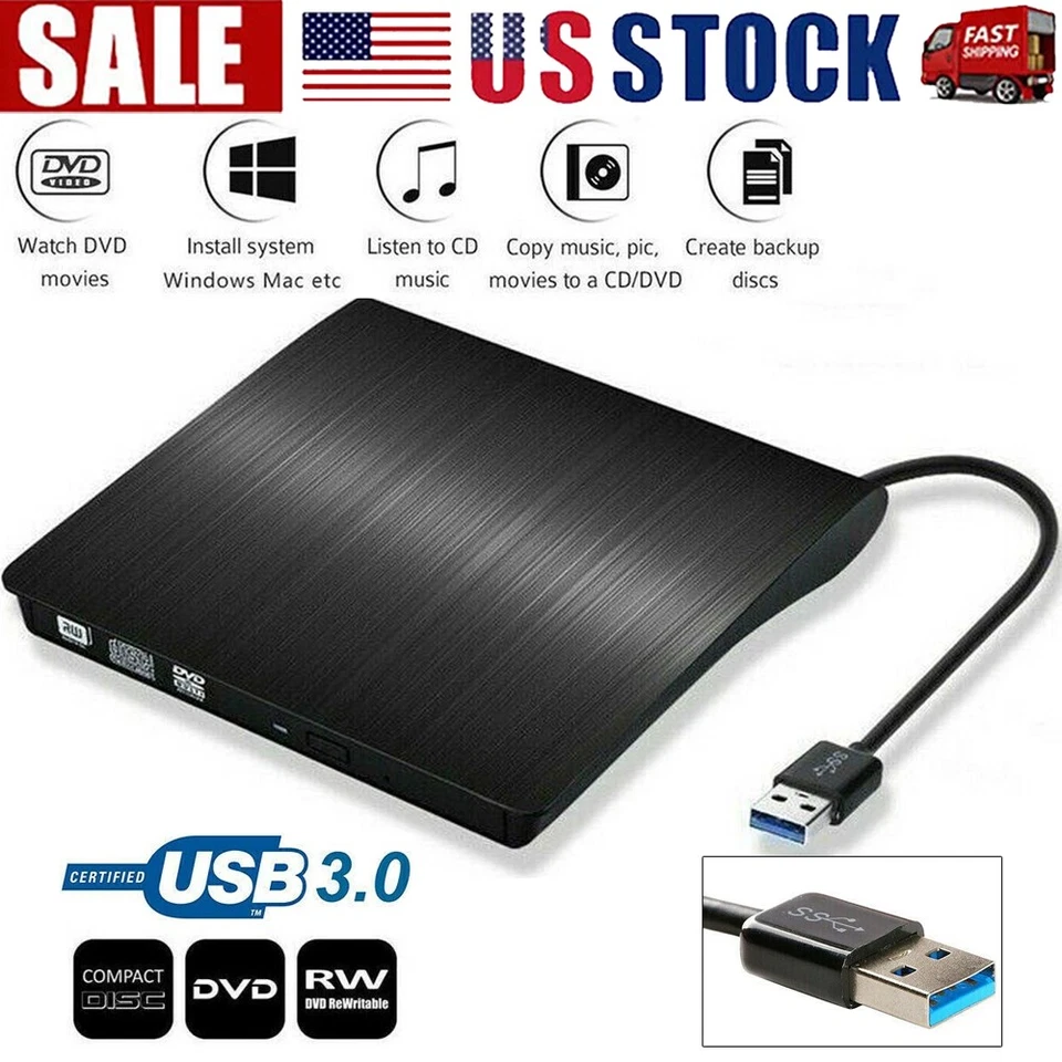 Slim External CD DVD RW Drive USB 3.0 Writer Burner Player Black For Laptop PC - Image 1 of 4
