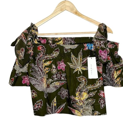 Sandro Paris Off The Shoulder Tropical Floral Print Top Green Womens Size L 3 - image 1 of 4