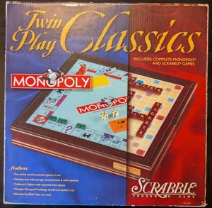 TWIN PLAY CLASSICS WOODEN DELUXE MONOPOLY & SCRABBLE - HASBRO USED/100% COMPLETE - Picture 1 of 11