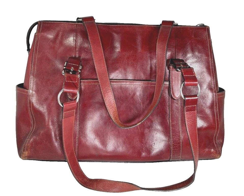 Fossil Vintage Red Leather Laptop Tote Shoulder Bag - Heavily Distressed - Image 1 of 4