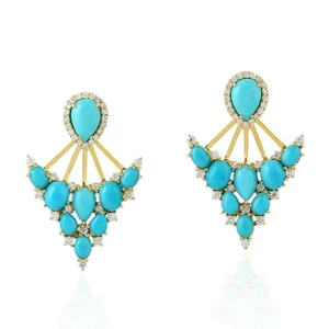 Turquoise Ear Jacket 18k Yellow Gold Genuine Gemstone Pave Diamond Earrings - Picture 1 of 6