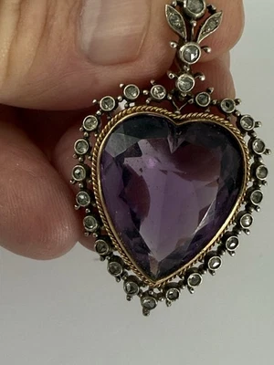 Exceptional Antique 18ct Gold Amethyst & Rose Diamond Heart Pendant Circa 1880 - Image 1 of 4