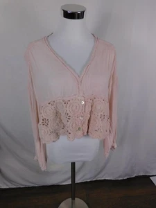 ICON Blouse Womens One Size Pink Crochet Lace Boho V Neck Long Sleeve Peplum - Picture 1 of 12