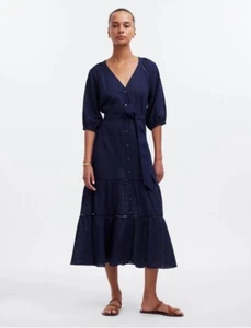 Madewell Tie-Waist Tiered Midi Dress in Windowpane Navy Women’s Size 8 Feminine - Picture 1 of 14