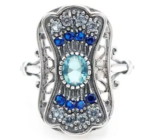 Natural Aquamarine & Sapphire 925 Sterling Silver Filigree Ring Jewelry Sz 6 - Picture 1 of 3