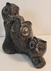 Nuvuk Black Gray Soap Stone Carved Owl Family 3 Owls On Tree Branch Mom & Babys