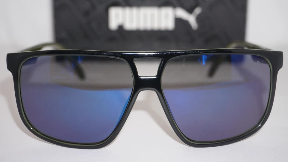 Puma PU0200S 003 Black Blue Oversized Square Sunglasses 60-13 145 Box Pouch