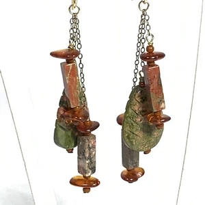 HANDCRAFTED Carved LEAF Unakite Polished Stone DANGLE EARRINGS Amber Chain Gold - Picture 1 of 5