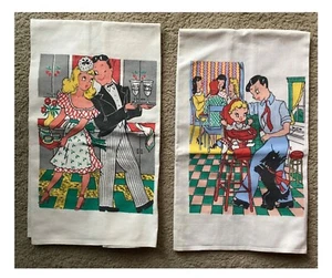 Vintage Novelty Dish Tea Towels Bride and Groom and Mr. Mom 1950s Set of Two - Picture 1 of 3