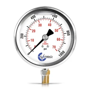 4" Pressure Gauge, Stainless Steel Case, Liquid Filled, Lower Mnt 1000 PSI - Picture 1 of 6