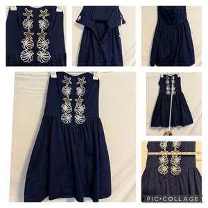 Lilly Pulitzer Navy Blue Gold Embellished Mini Strapless Dress Size 00 Shells - Picture 1 of 15