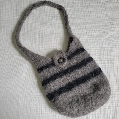 Handmade Felted Wool Purse Gray Striped Bag Button Closure Quirky Y2K Scene - Image 1 of 4