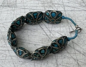 Vintage Antique Bead Tibetan Turquoise Inlay Silver Beaded knotted bracelet - Picture 1 of 22