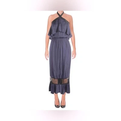 Aqua Popover Lace Inset Halter Silky Midi Dress in Blue/Black size Medium - Image 1 of 4