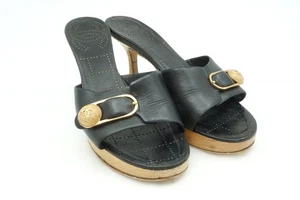 CHANEL 36 Mules Sandals Shoes Heel Coco Mark Chocolate bar Leather Black 1580i - Picture 1 of 10