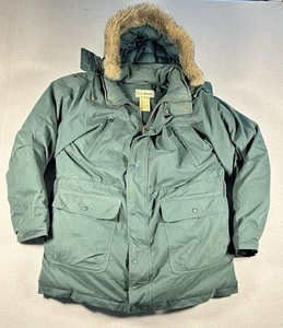 LL Bean VTG Mens Parka Coat Goose Down Green Faux Fur Removable Hood LARGE EUC - Picture 1 of 10