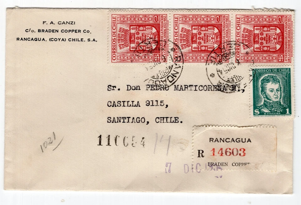 CHILE 1954 Braden Copper co. Rancagua Coya cubierta registrada a Santiago Foto 1 de 2