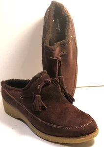 LAND'S END WOMEN'S BROWN CLOGS SUEDE SHERPA LINED TASSEL MULES SHOES SZ 8B NWT - Picture 1 of 6