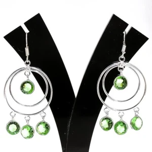Green Tsavorite Gemstone Handmade 925 Sterling Silver Jewelry Earring Size 2" - Picture 1 of 1