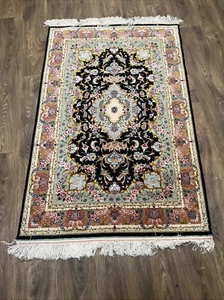 3 X 5 FT 100% SILK VINTAGE ORIENTAL RUG CHINESE ANTIQUE BLACK Color - Picture 1 of 3