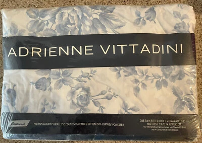 Fieldcrest Adrienne Vittadini Twin Fitted Sheet PrimRose Blue White NEW - Image 1 of 3