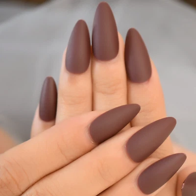 STILETTO TEARDROP *MATTE BORDEAUX BROWN* Full Cover 24 Nail Tips Press On + Glue - Image 1 of 4