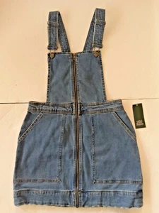 Denim Overall Skirt Dress Women's SMALL Denim Zipper Short Pockets Distress New - Picture 1 of 11
