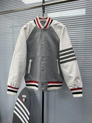 Thom Browne Men/womens New Striped Woolen Leather Color Collar Buckle Jacket - Image 1 of 4