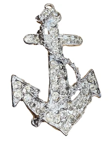 17a- Older Vintage 3” Silver  Sweetheart Anchor Brooch or Pendant, Rhinestones - Picture 1 of 4